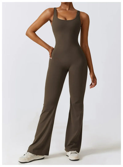 Women Gym Set Training Yoga Suit Sportswear Sports Jumpsuit Fitness Rompers Stretch Female High Waist  Seamless Flare Pants