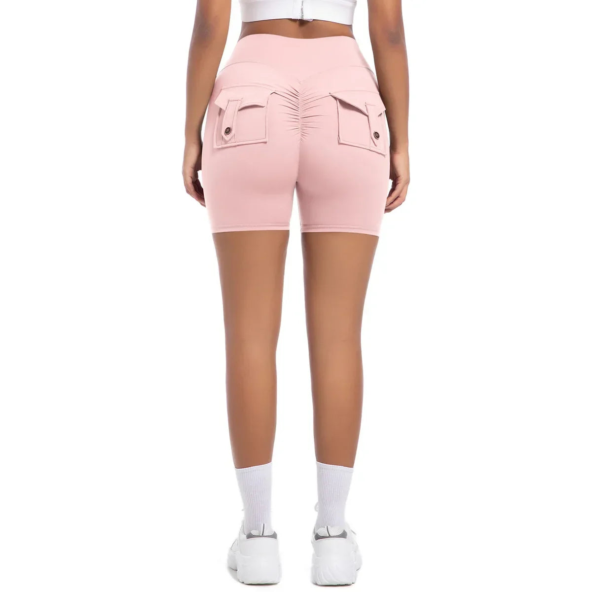 Womens Workout Shorts with Pockets Scrunch Butt Gym Biker Shorts High Waisted Booty Cargo Pants Yoga Running Leggings Activewear