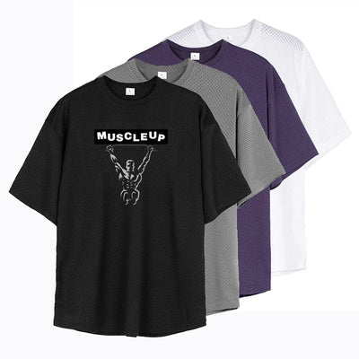 Men's Running T-Shirts Oversized Fitness Half Sleeve T Shirt Summer Gym Muscle Up Mesh Quick Dry Breathable Loose Sport Clothing