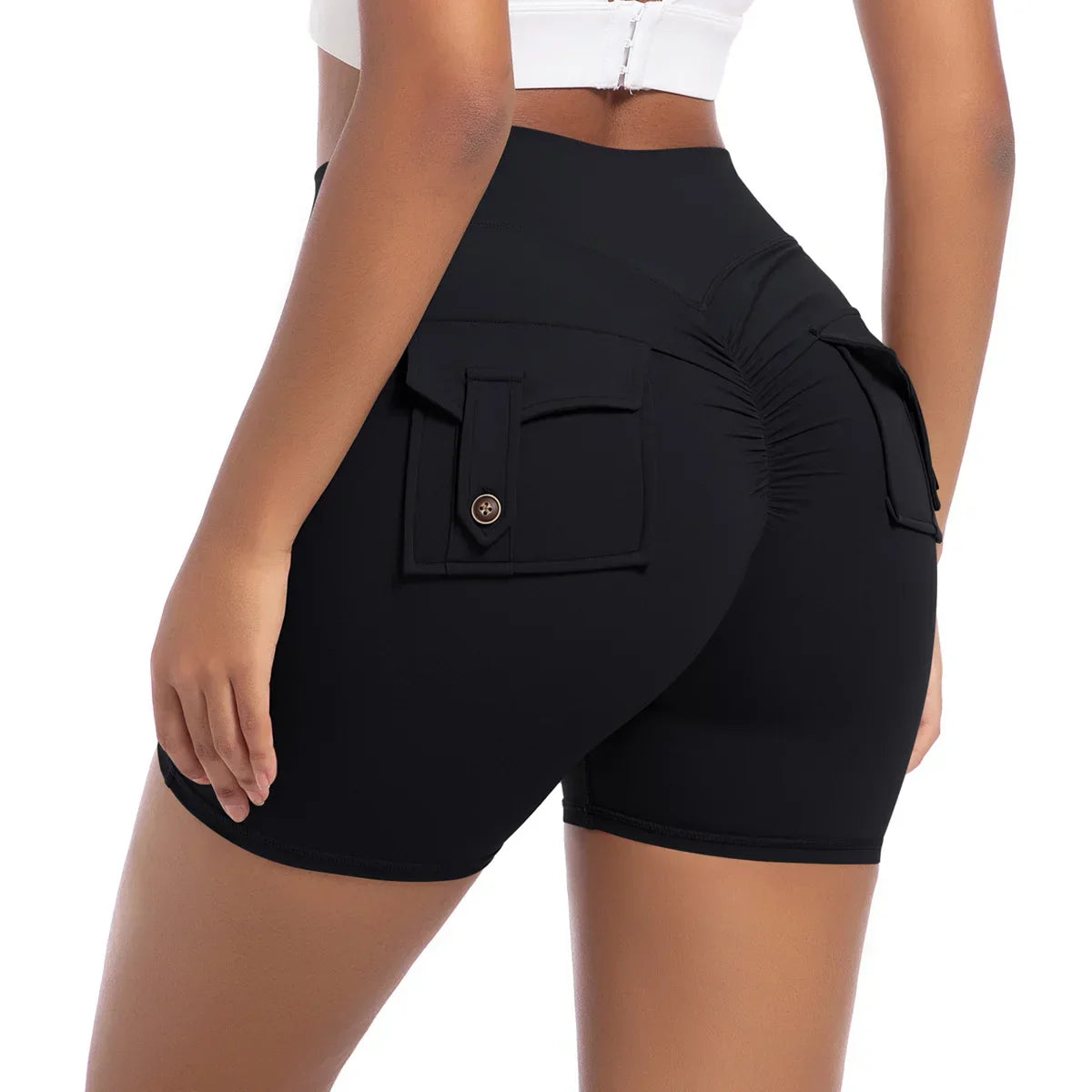 Womens Workout Shorts with Pockets Scrunch Butt Gym Biker Shorts High Waisted Booty Cargo Pants Yoga Running Leggings Activewear