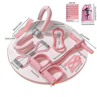 8pcs Yoga Fitness Set Includes Tensioner, Leg Clip, Jump Rope, Yoga Ring, Resistance Band, Action Illustration and Storage Bag
