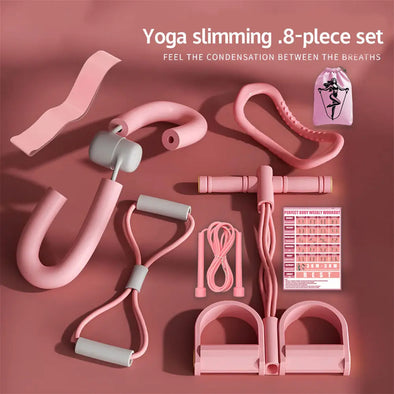 8pcs Yoga Fitness Set Includes Tensioner, Leg Clip, Jump Rope, Yoga Ring, Resistance Band, Action Illustration and Storage Bag