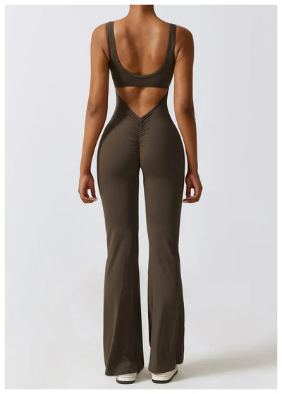 Women Gym Set Training Yoga Suit Sportswear Sports Jumpsuit Fitness Rompers Stretch Female High Waist  Seamless Flare Pants
